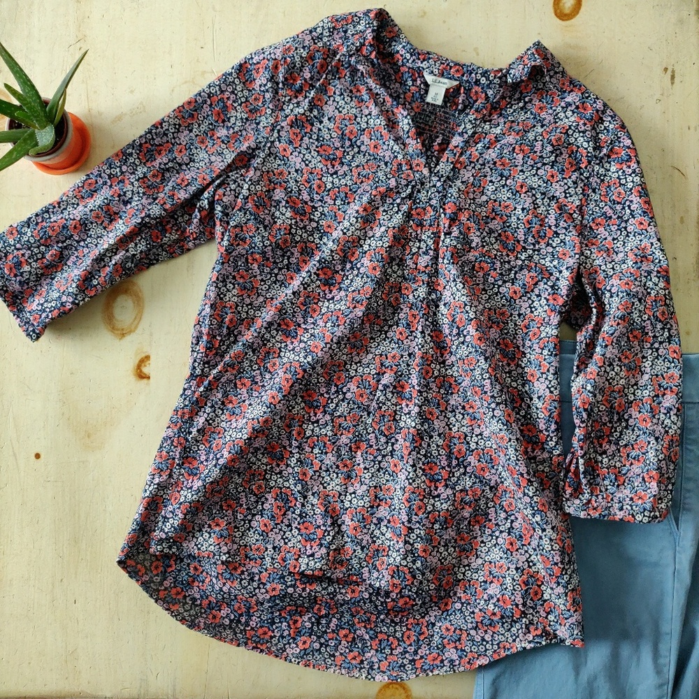 L.L. Bean floral print cotton blouse orangle blue